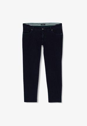 Dunkelblaue Jeans aus Denim, Slim-Fit, mit Knopfverschluss, Gürtelschlaufen und Taschen. Das Innenfutter hat ein gestreiftes Muster.