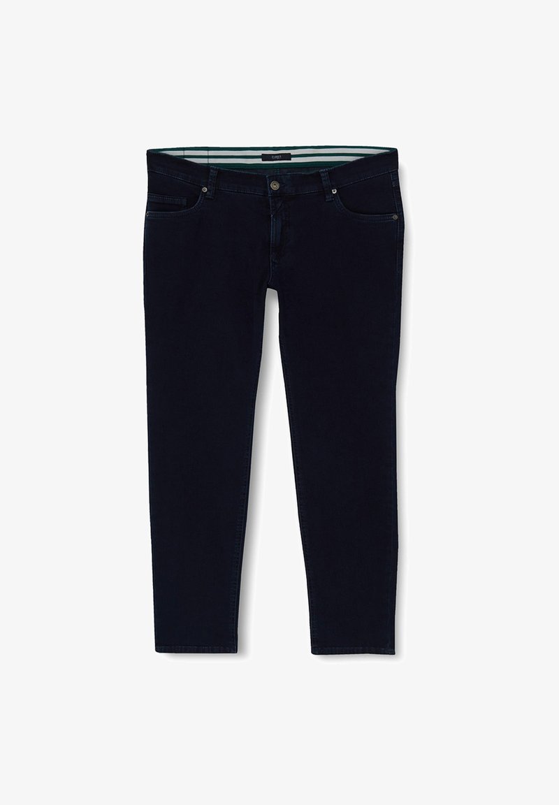 Dunkelblaue Jeans aus Denim, Slim-Fit, mit Knopfverschluss, Gürtelschlaufen und Taschen. Das Innenfutter hat ein gestreiftes Muster.