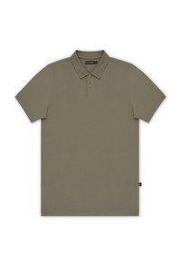 Zielona bawełniana koszulka polo z kołnierzykiem, zapięciem na dwa guziki i krótkimi rękawami. Gładka tekstura i minimalistyczny design z metką logo.