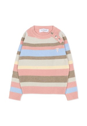 Maglione a righe a coste in colori pastello: rosa chiaro, blu, beige e marrone. Presenta un collo rotondo e dettagli con bottoni sulla spalla.