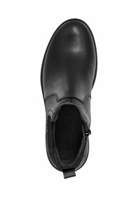 Black leather ankle boot with a smooth finish, rounded toe, elastic side panels, and a zipper closure. Interior features soft lining.