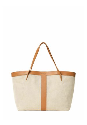 Grande borsa a mano in tela beige con rifiniture in pelle color cuoio e doppi manici, con una striscia verticale in pelle sulla parte frontale.