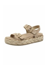 Sandalo beige con cinturini regolabili a fibbia, suola in piattaforma intrecciata e finitura testurizzata. Presenta un tacco piatto e una soletta imbottita.