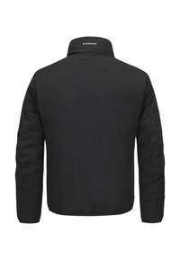 Schwarze isolierte Jacke mit hohem Kragen, langen Ärmeln und einer eleganten matten Oberfläche. Minimale Markenkennung auf der Rückseite in der Nähe des Kragens.