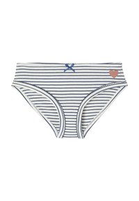 Damen-Bikinislips in gestreiftem Marineblau und Weiß mit einer kleinen blauen Schleife an der Taille und einem pinken Herz auf der rechten Seite.