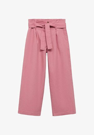 Pantaloni a gamba larga rosa in cotone, con vita con cintura, pieghe e una vestibilità rilassata. Texture liscia con orlo pulito.