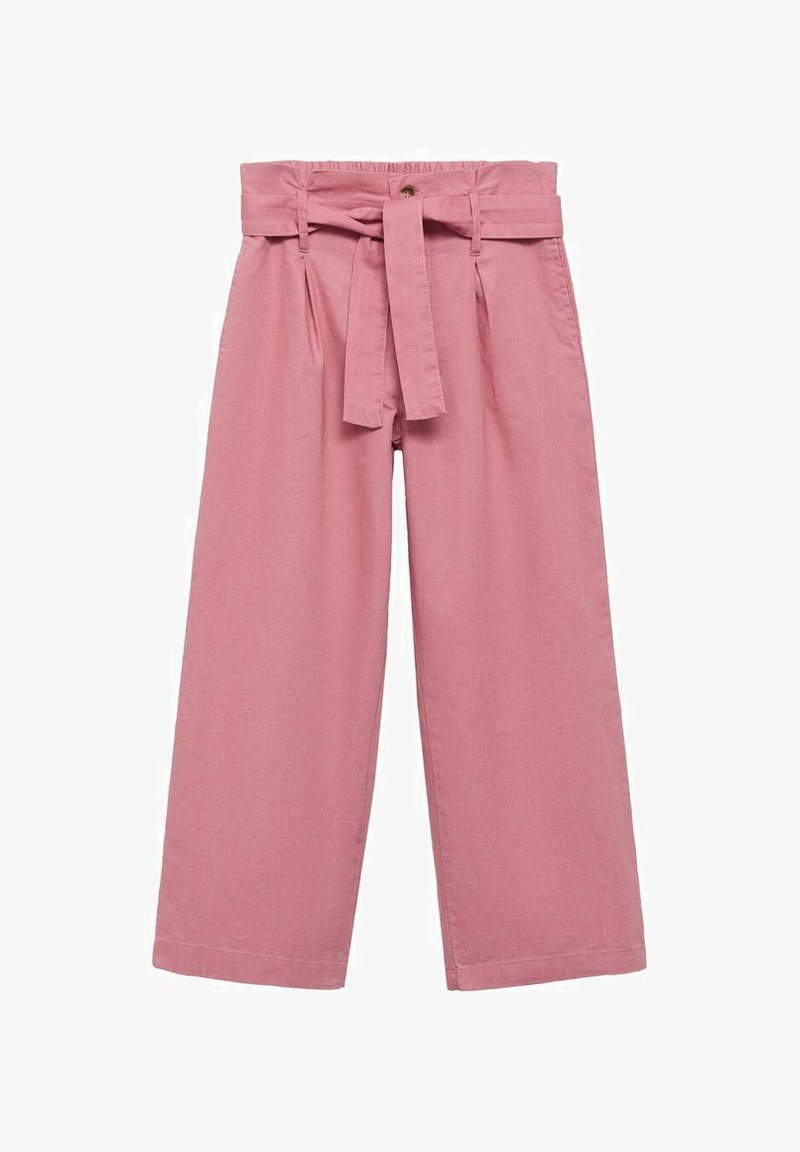 Růžové široké kalhoty z bavlny s páskem v pase, sklady a volným střihem. Hladká textura s čistým lemem.