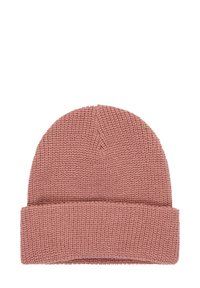 Berretto lavorato a maglia in rosa polveroso con orlo ripiegato, caratterizzato da un motivo testurizzato e una corona arrotondata. Realizzato in materiale morbido e caldo.