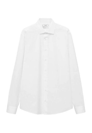 Biela košeľa s dlhým rukávom v jednofarebnom prevedení, s gombíkovým zapínaním vpredu, klasickým golierom a rovnými lemami s gombíkovými manžetami.