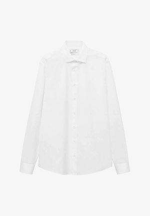 Camicia bianca a maniche lunghe in un colore uniforme, con chiusura a bottoni, dotata di colletto classico e orlo dritto con polsini abbottonati.