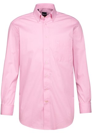 Chemise à manches longues à carreaux roses avec un col à bouton, poche avant et boutons en plastique. Tissu en coton avec une texture lisse.
