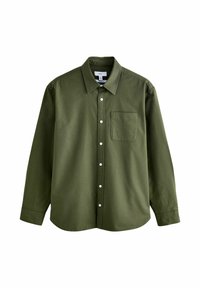 Cămașă lungă cu mâneci din material de culoare verde măsliniu, cu textură netedă. Design cu nasturi și o buzunar frontal, și cravată standard.