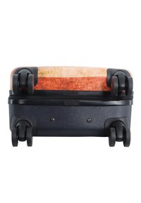 Hard-shell suitcase with a multi-colored textured top, dark blue base, four black wheels, and a zip closure along the side.