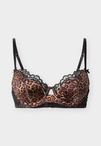 Προστατευτικό σουτιέν με εκτύπωση λεοπαρδάλεις, διακοσμημένο με μαύρη δαντέλα, ρυθμιζόμενες μαύρες τιράντες και ενίσχυση με μπανέλα σε ανοιχτό φόντο.