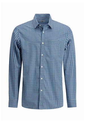 Chemise bleue à manches longues avec un motif à carreaux vertical et horizontal blanc et rouge clair, et une poche poitrine.