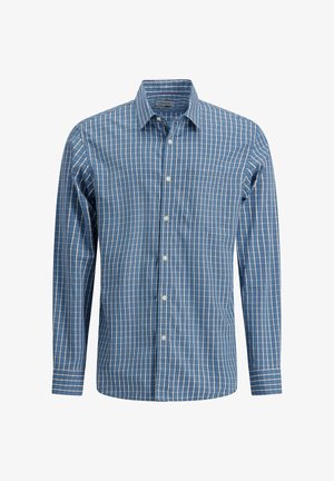 Blauw overhemd met lange mouwen, knoopsluiting, wit en lichtrood verticale en horizontale ruitjespatroon en een borstzak.