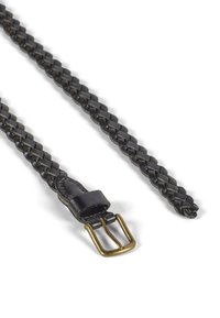 Black braided leather belt with a brass buckle and leather holder. Features a textured surface and a classic, flexible design.