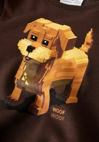 Brązowa bluza z kapturem z pikselowym obrazkiem złocistobrązowego psa o blokowym wzorze, ozdobiona napisem "WOOF WOOF" w jasnobrązowym kolorze.