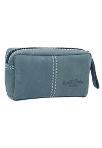Modrý kožený zipsový obal s bielou akcentovou niťou, obdĺžnikový tvar a malý zipsový úchyt. Obsahuje vyrazené logo na boku.