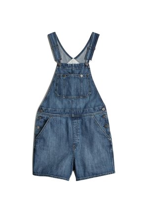Denim overalls in medium blue, featuring adjustable straps, front bib pocket, and side button closures. The material has a smooth texture.