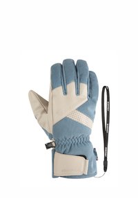 Blue and beige waterproof glove with ribbed fabric, leather accents, elastic wrist, and adjustable strap for secure fitting.