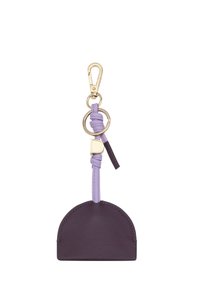 Purple leather keychain holder with gold hardware, circular ring, and a twisted lavender strap; features a smooth textured surface and curved shape.