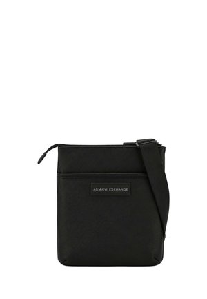 Borsa a tracolla nera con tracolla regolabile e tasca frontale, marchiata con logo "Armani Exchange".