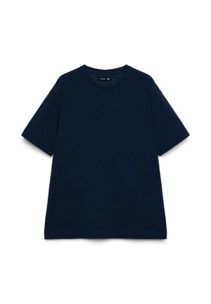 T-shirt in cotone blu navy con maniche corte, scollo rotondo e vestibilità comoda. Nessun motivo o dettaglio visibile. Design semplice.