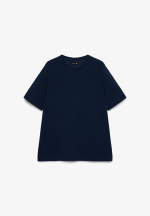 T-shirt in cotone blu navy con maniche corte, scollo rotondo e vestibilità comoda. Nessun motivo o dettaglio visibile. Design semplice.