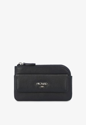 Marineblauwe leren portemonnee met ritssluiting, voorzien van een voorvak en zilverkleurig logo. Gladde textuur, compact rechthoekig formaat.