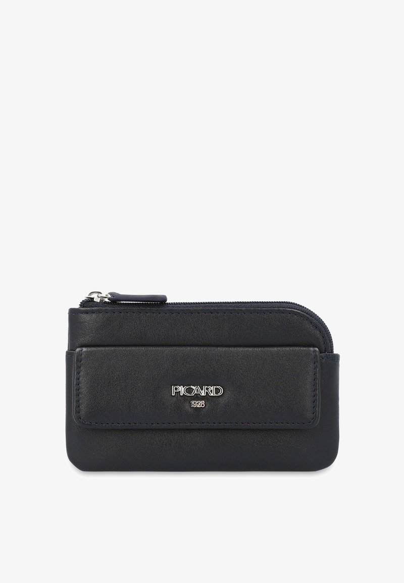 Marineblauwe leren portemonnee met ritssluiting, voorzien van een voorvak en zilverkleurig logo. Gladde textuur, compact rechthoekig formaat.