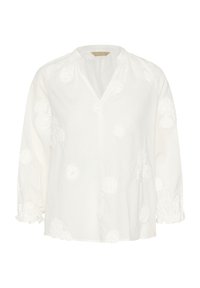 Weiße Bluse mit 3/4-Ärmeln, V-Ausschnitt und strukturiertem Blumenstickerei. Mit gesmokten Bündchen und lockerer Passform. Leichter Stoff.