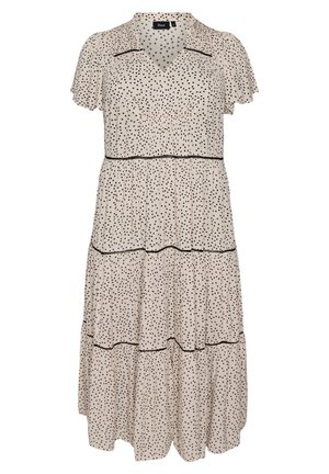 Hellbeiges Midikleid mit schwarzen unregelmäßigen Punkten, gestuftem Rock, kurzen Volantärmeln, V-Ausschnitt und schwarzen Verzierungen.