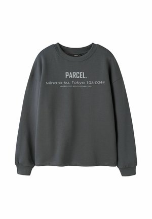 Ciemnoszara bluza z długim rękawem z napisem "PARCEL. Minato-ku, Tokyo 106-0044 Misrouted Being Redirected" z przodu.