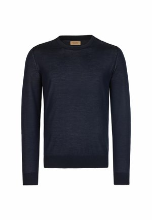 Marineblå striktrøje, rund hals, lange ærmer, ribbede manchetter og kant, glat tekstur, enkelt design, ingen synlige mønstre eller udsmykninger.