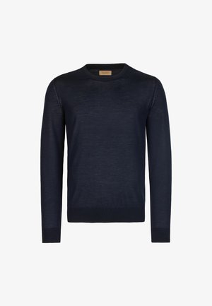 Marineblå striktrøje, rund hals, lange ærmer, ribbede manchetter og kant, glat tekstur, enkelt design, ingen synlige mønstre eller udsmykninger.