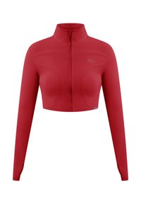 Rode korte zip-up jas met lange mouwen, gemaakt van gladde stof. Heeft een hoge kraag en een subtiel logo op de linkerkant van de borst.