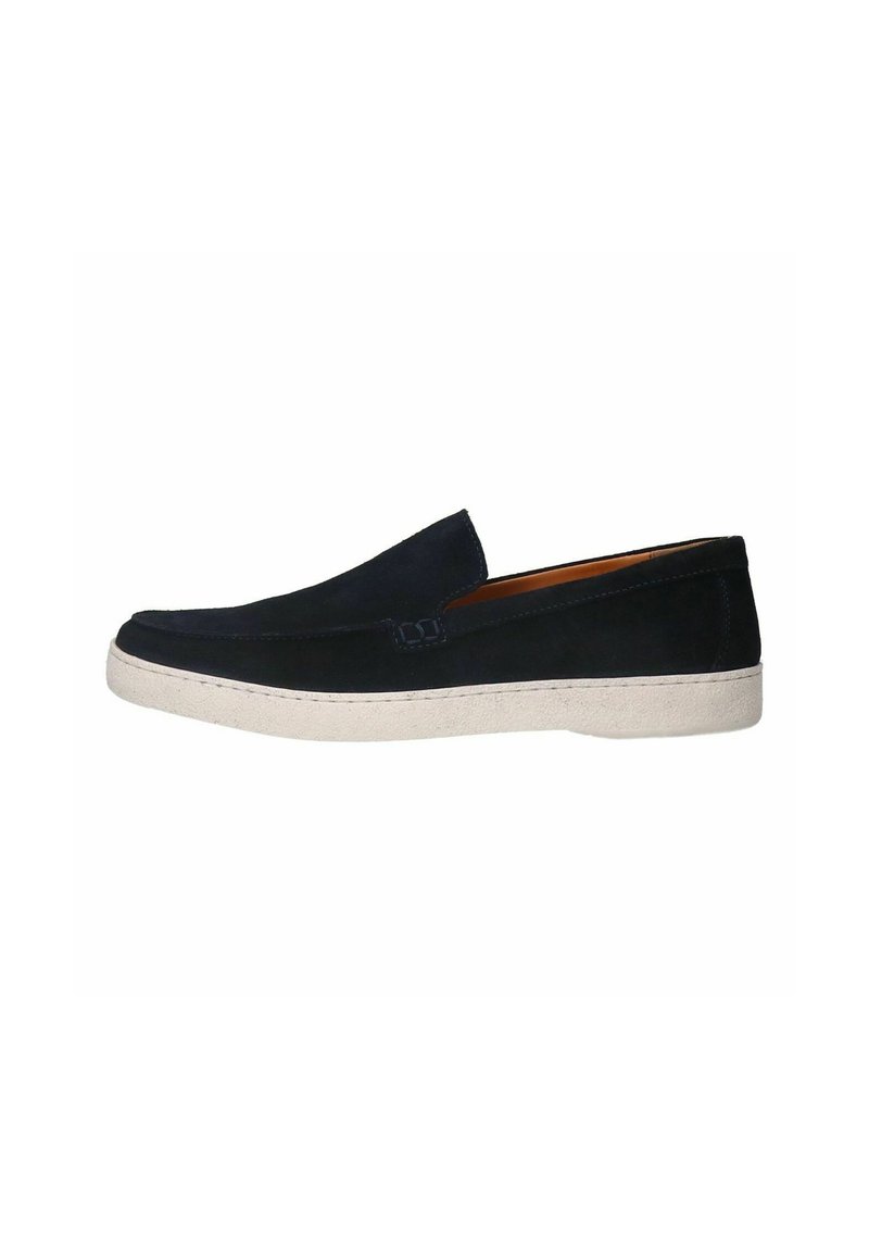 Navy blue slip-on shoes made of suede, featuring a low profile design, light-colored rubber sole, and minimal stitching details.