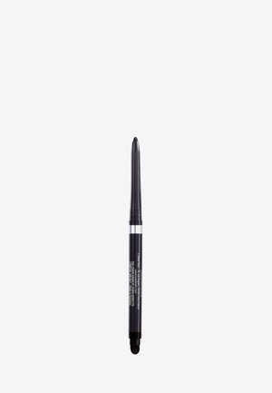 Crayon eye-liner rétractable noir avec embout estompeur sur fond blanc, présenté à la verticale avec texte visible sur le corps.