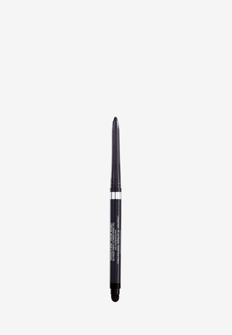 Black retractable eyeliner pencil with a smudger tip on a white background, shown upright with visible text on the body.