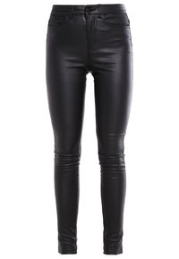 Černé skinny kalhoty s vysokým pasem z umělé kůže se sametovým povrchem, se zapínáním na zip a čtyřmi kapsami, s prošitými detaily podél švů.
