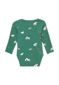 Geribbelde groene longsleeve bodysuit met afdrukken van boerderijdieren en tractoren in wit, grijs en oranje op een effen achtergrond.