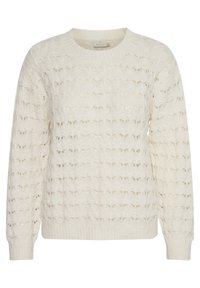 Pull en tricot crème, présentant un motif texturé avec des détails ajourés. Manches et col côtelés. Coupe normale, manches longues.