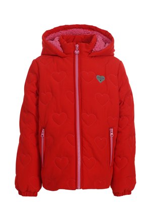 Rode kinderjas met capuchon, roze hartjesstiksels, roze rits, twee ritstasjes en een zachte roze binnenvoering.