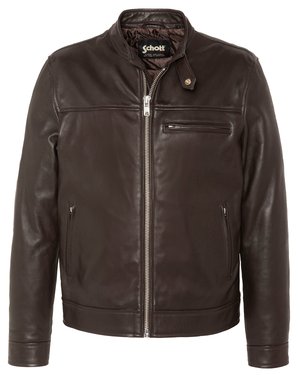 Dark brown leather jacket with front zipper, zippered chest pocket, two side pockets, and a snap-button collar strap.