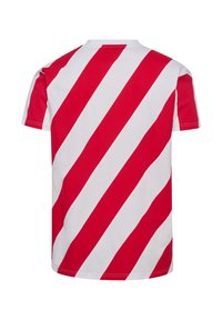 Koszulka z wyrazistymi ukośnymi czerwono-białymi paskami, widziana od tyłu, z krótkimi rękawami i okrągłym dekoltem.
