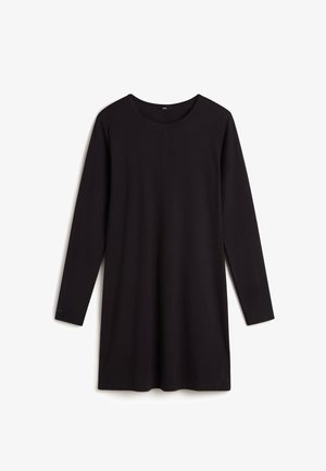 Schwarz langärmliges Kleid mit rundem Ausschnitt, aus weichem Stoff gefertigt, mit geradem Schnitt und subtilen Nähten an den Ärmeln.