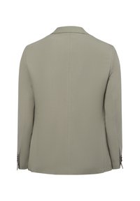 Hellgraue Jacke mit glatter Textur, vorne mit einem Knopf, langen Ärmeln und Schalkragen. Verfügt über dezente Nähtdetails und Knopfakzente.