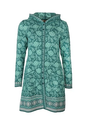 Hooded, türkisfarbener langer Mantel mit floralem Muster, Knöpfen auf der Vorderseite, zwei seitlichen Taschen und kontrastierenden gemusterten Manschetten und Saum.