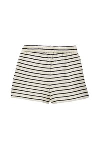Shorts rayés en tissu léger, avec un fond crème et de fines rayures navy, une taille élastique et une coupe décontractée.
